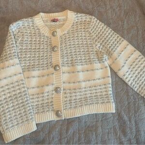 XL Kate Spade Jewel Button White & Silver Striped Cardigan Sweater